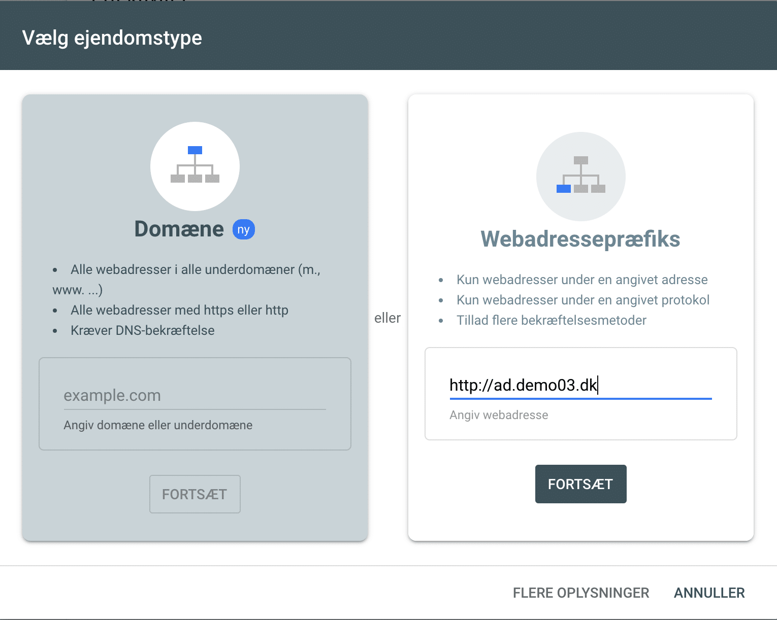Tilføj en hjemmeside til Google Search Console